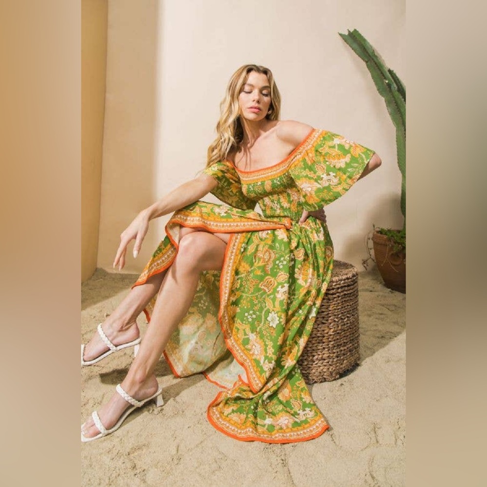 Off Shoulder Tropical Print Floral Smocked Maxi Dress - Picture 8 of 8